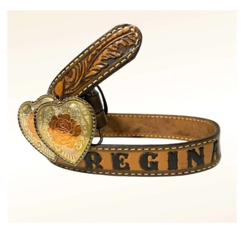 Western Brown Leather Monogrammed “Regina” Belt DBL Heart With Roses Buckle Sm
